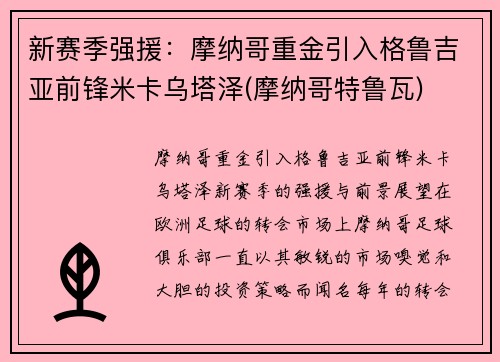 新赛季强援：摩纳哥重金引入格鲁吉亚前锋米卡乌塔泽(摩纳哥特鲁瓦)